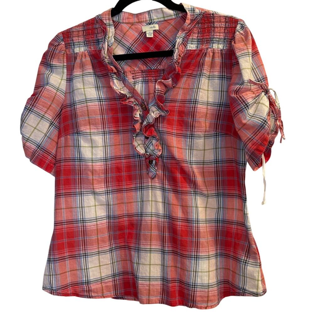 Odille Size 10 Cotton Red Plaid Puff Sleeve Blouse Country Farm Festival
